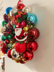 Vintage Ornament Wreath • Poinsettia corsage & Santa